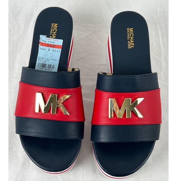 Michael Kors Logo Platform Wedge Slides Sandals Red Navy White Women 6.5 Leather - Picture 9 of 9